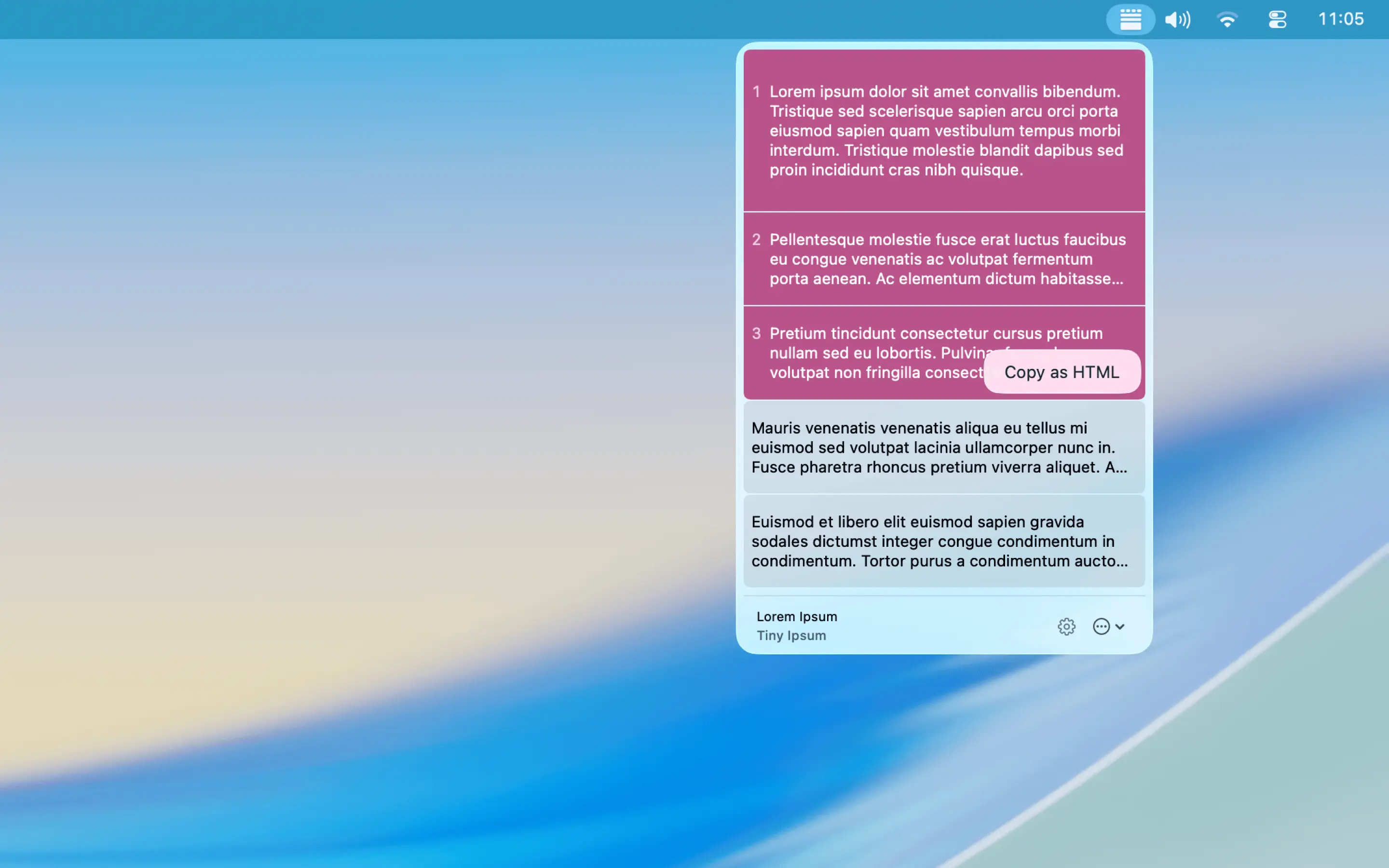 A right-click menu open on a paragraph tile, showing the Copy as HTML option.