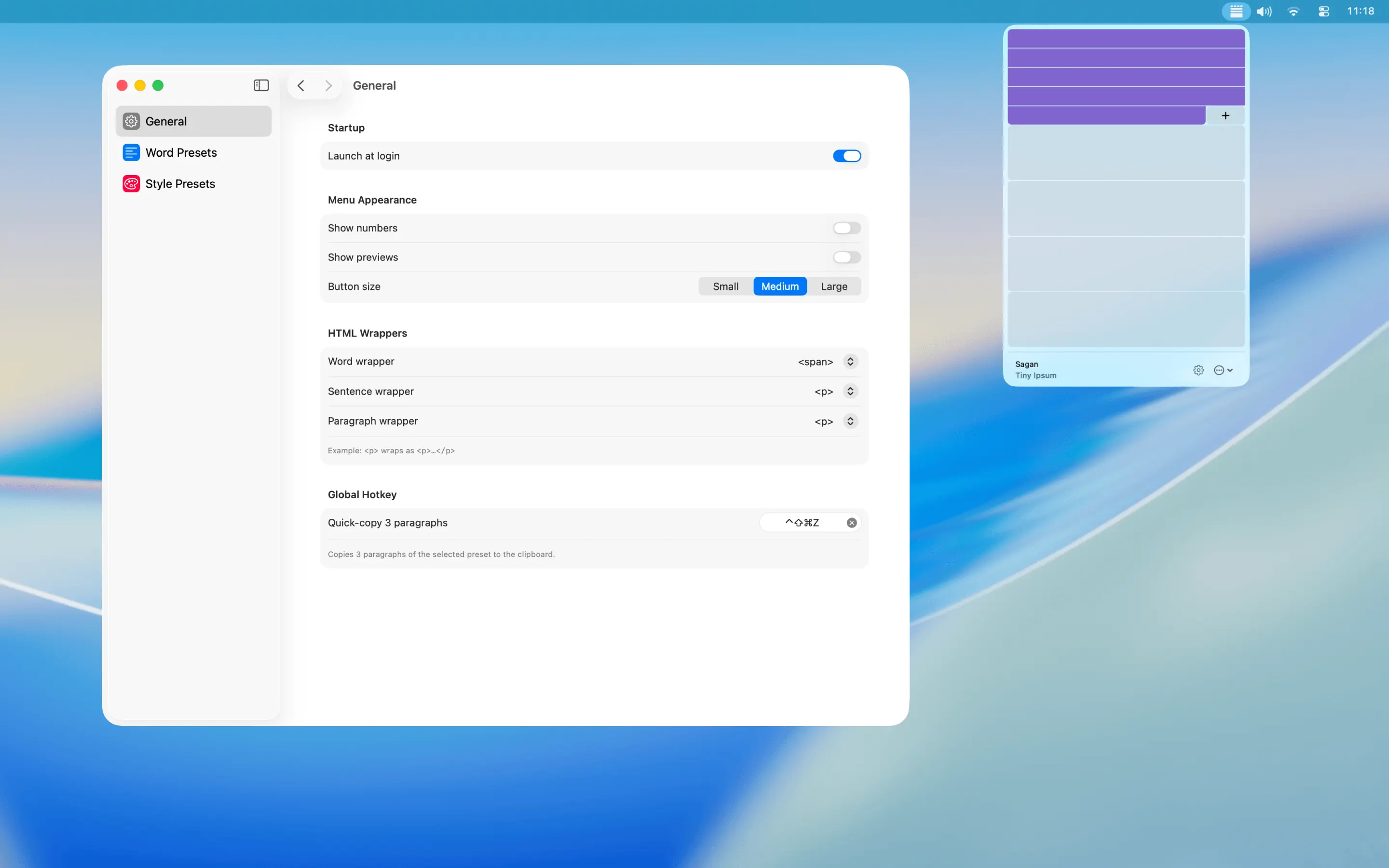 The General tab in Settings, showing launch-at-login, menu appearance toggles, HTML wrapper tags, and the global hotkey recorder.