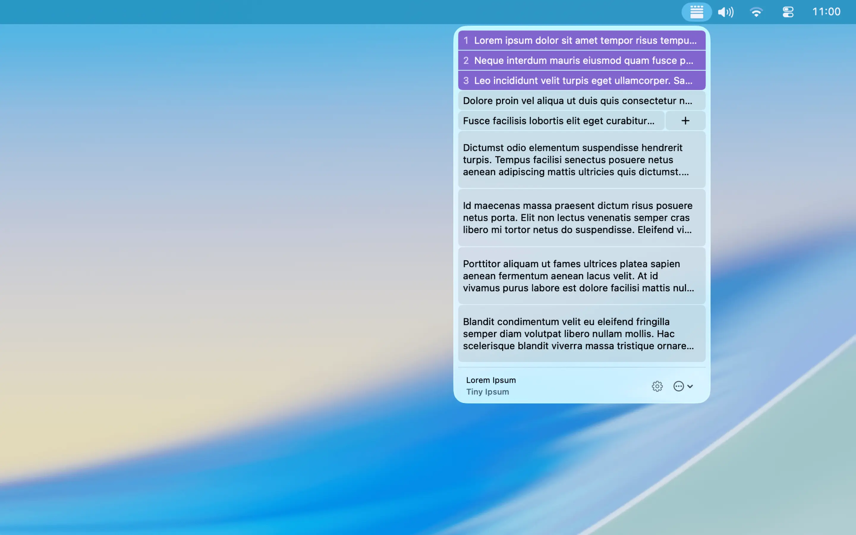 The Tiny Ipsum panel hanging beneath the macOS menu bar, showing rows of word, sentence, and paragraph tiles in purple.