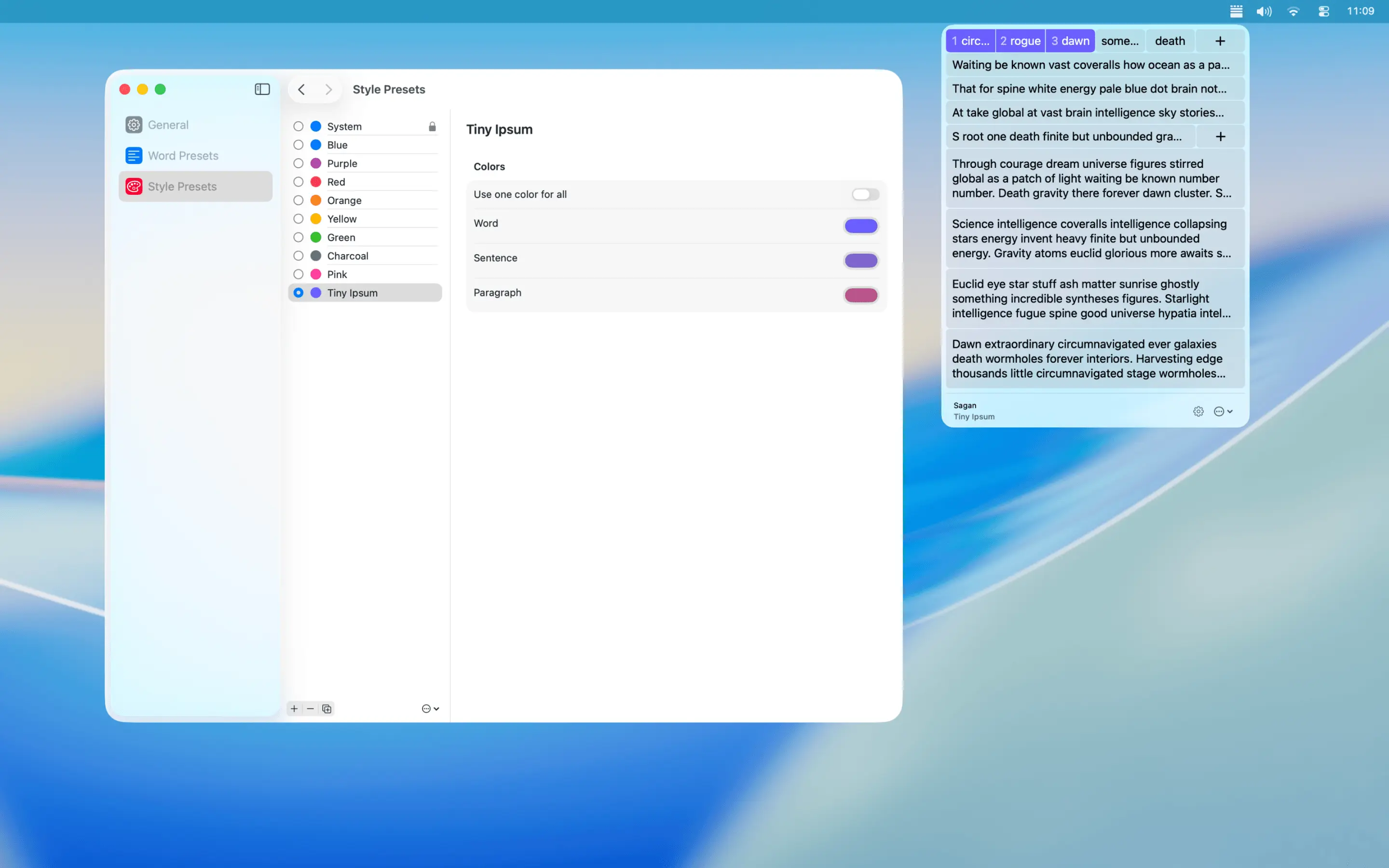 The Style Presets tab in Settings, showing colour pickers for word, sentence, and paragraph tiles.