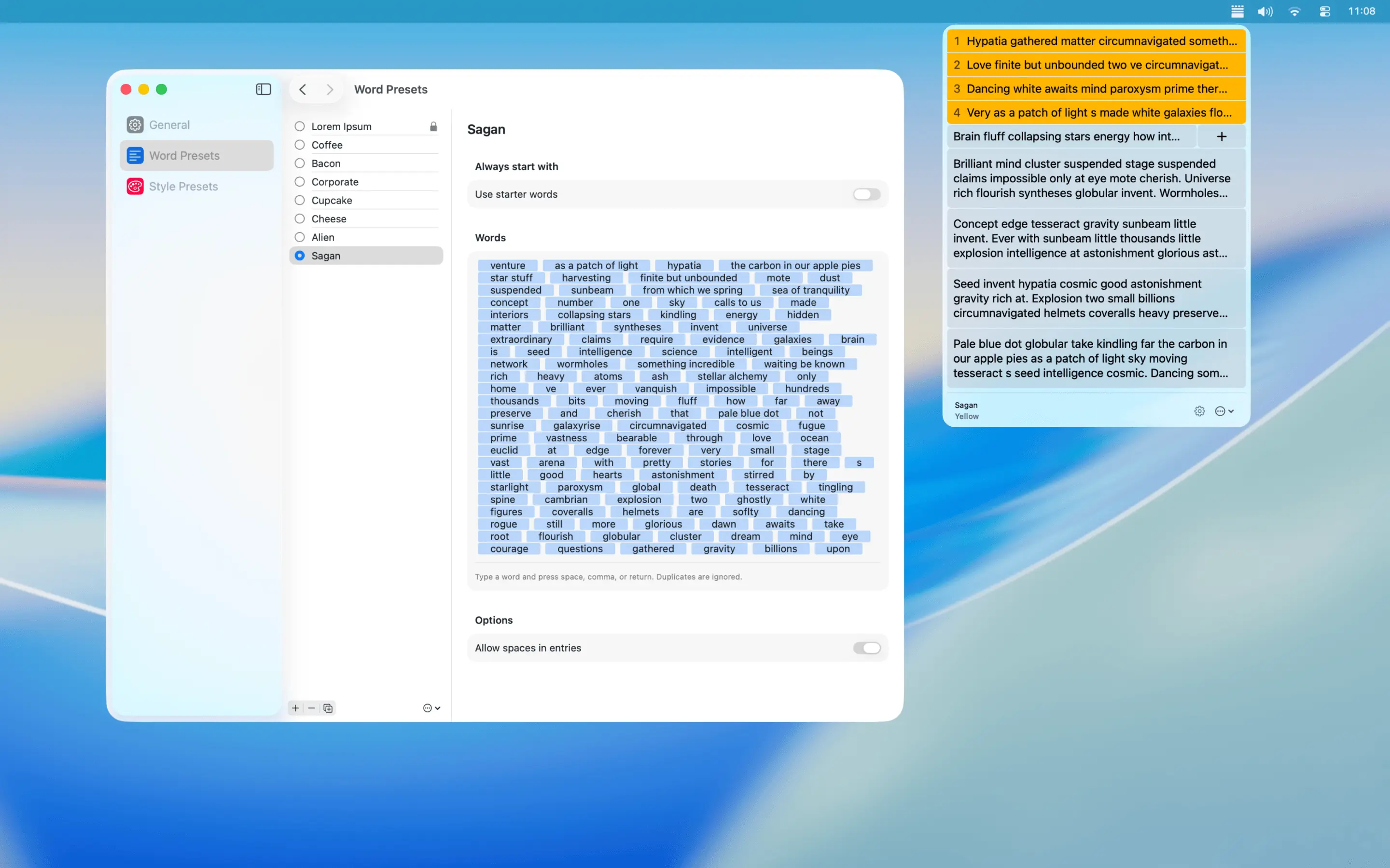 The Word Presets tab in Settings, with the Sagan word pool listed and a live preview of the generated text beside it.